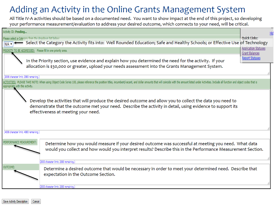 Picture-filling out activity in online grants management system